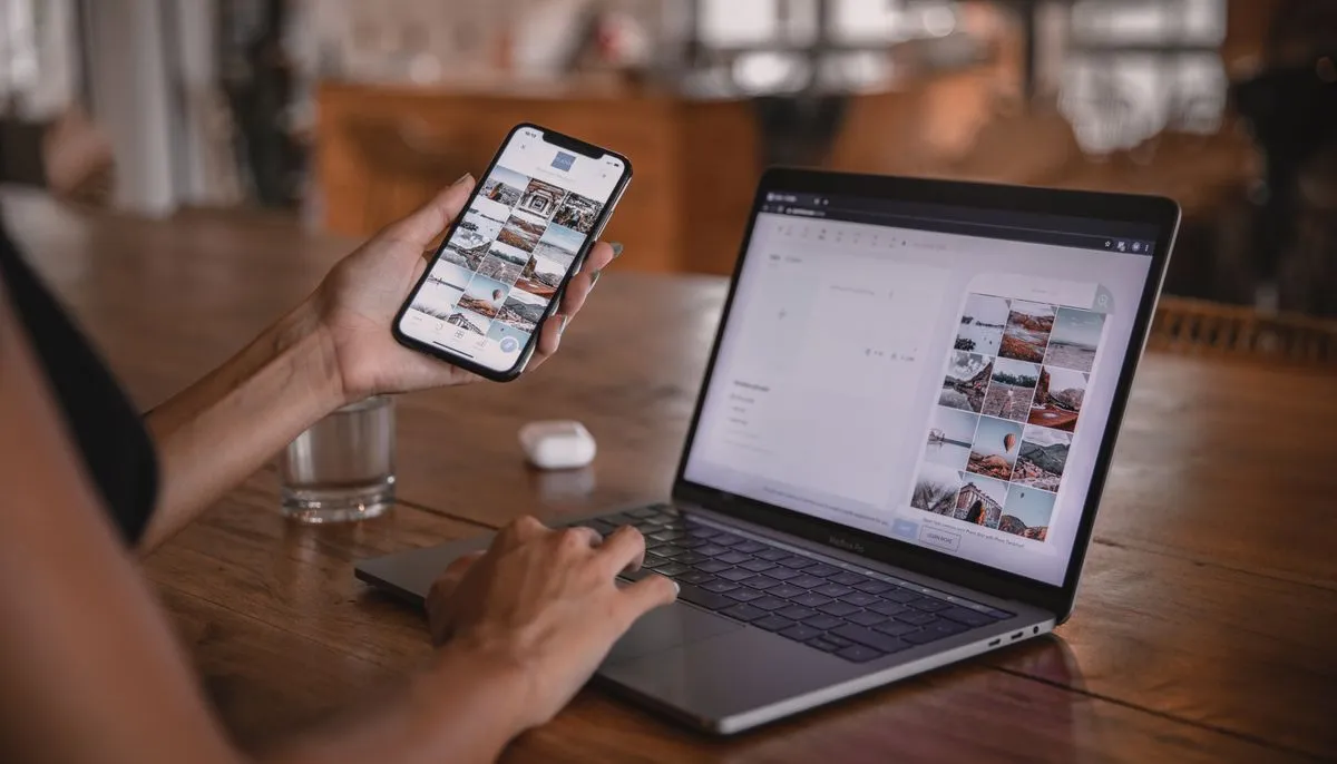 Osoba zarządzająca treściami na Instagramie na telefonie i laptopie