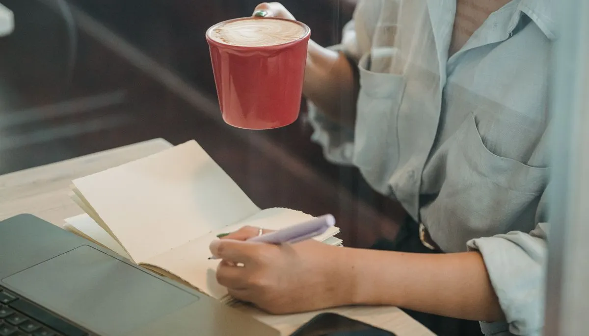 Kobieta z kawą pisząca notatki przy laptopie — planowanie opisów pod posty
